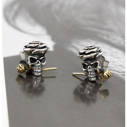 Mens Earrings Silver 925 Skull Rose Rock Biker Men Vintage Punk Earrings for Unisex Sterling Silver Jewelry