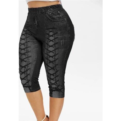 Women Leggings Creative Printed Push Up Elastic High Waist Skinny Fitness Leggings Pockets Mid Calf Length Ladies Leggings