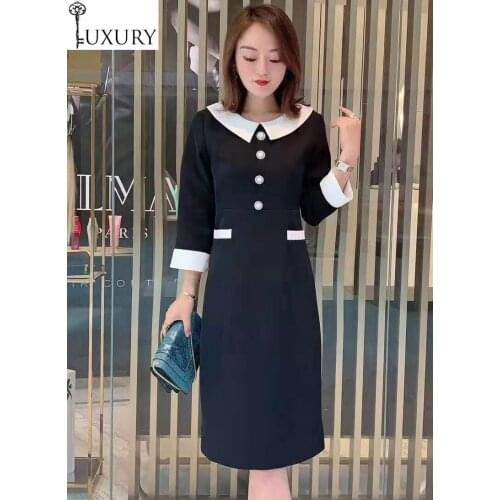 2020 Elegant Spring Work Style Women Peter Pan Collar Beading Button Deco Long Sleeve Mid-Calf Red Black Pencil Dress OL