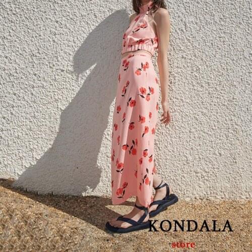 Za 2021 Women Summer Two Piece Sets Skirts High Street Pink Sleeveless Floral Printed Short Top High Waist Sets Traje De Mujer