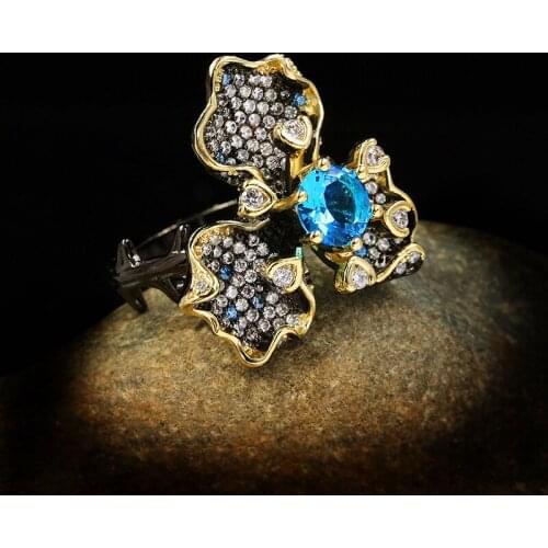 Cute Female Blue White Crystal Ring Charm 14KT Black Gold Wedding Rings For Women Vintage Flower Zircon Engagement Ring
