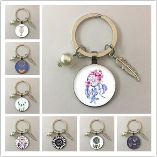 New color dream catcher feather glass round keychain glass cabochon photo keychain key ring gift jewelry
