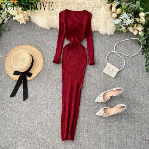 OCEANLOVE Woman Dress Solid Knitted V Neck Stretch Korean 2021 Bodycon Vestidos High Waist Vintage Long Dresess Ins 19421
