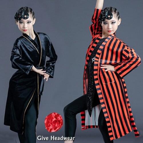 Autumn Winter Childrens Latin Dance Costume Robe Girls' Practice Clothes Competition Cardigan Lace Up Coat Black Dress BL5010