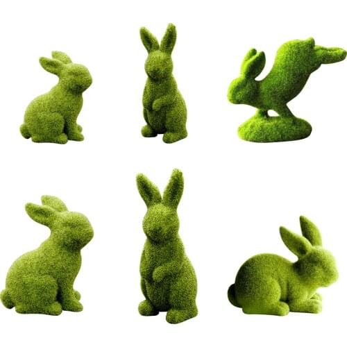 Handmade Lovely Artificial Turf Grass Animal Bunny Easter Day Moss Rocks Flocking Rabbit Office Home Decoration Handiwork Gift