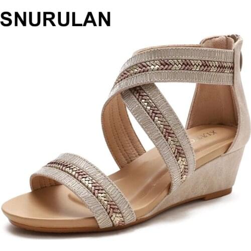 SNURULANSummer Sandals New Wedges Bottom Retro Women Sandals Big Size Zipper Sandals Woman Outside Beach Designer Shoes