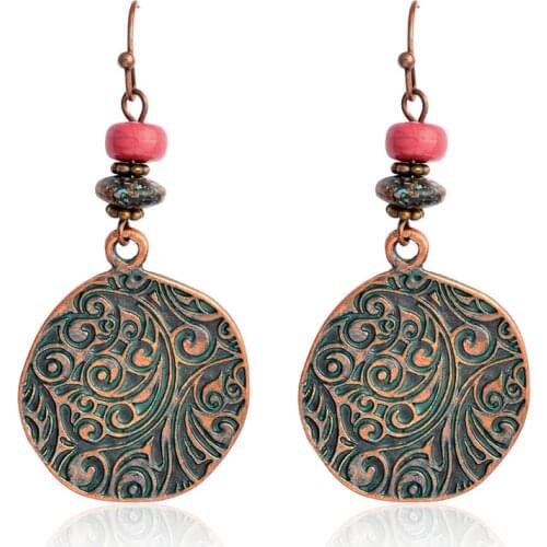 Retro Engraved Round Dangle earrings Vintage Ethnic Bronze Beads Hanging Drop earrings for Women Boho Ear jewelry Accessories
