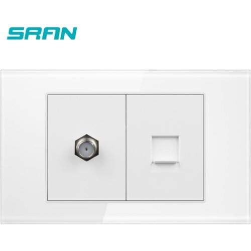SRAN 2Gangs SATV and Internet Wall socket/ Outlet,crystal Glass panel 118mm*72mm satellite TV and computer interface socket