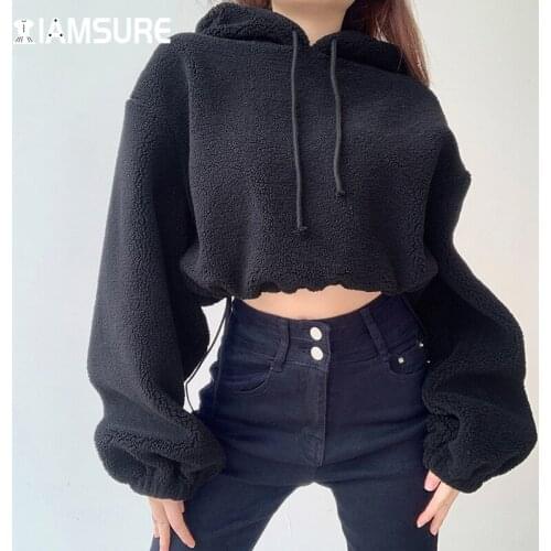 IAMSURE Loose Solid Furry Hoodies Casual Streetwear Korean Style Long Sleeve Crop Tops WomenS Sweatshirt 2021 Autumn Winter