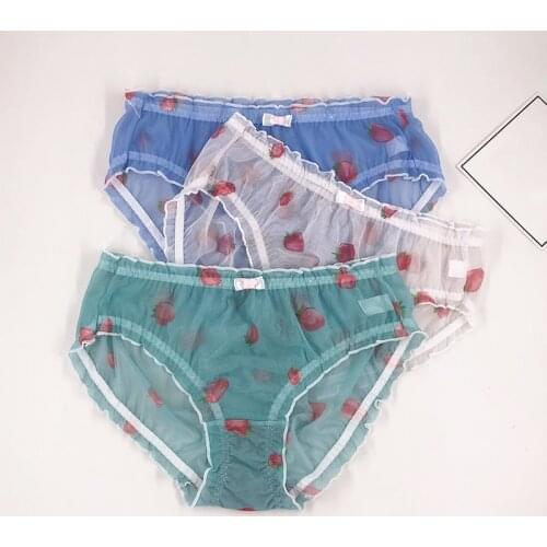 3Pcs/lot Thin Soft Sweet Sexy Lace Lingeries Strawberry Printing Mesh Perspective Underwears Women Panties Plus Size 5XL Briefs
