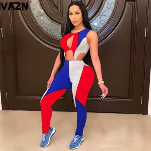 VAZN 2021 Hot Sale Sexy O-neck Office Lady Women Sleeveless Patchwork Banquet Party Beach Jumpsuits Full Pant Bandage Rompers