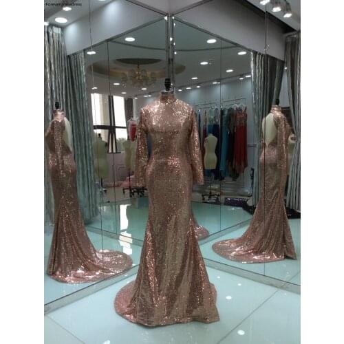 Long Sleeves Evening Dress Sequined Girls Graduation Banquet Party Gown Custom Made Plus Size