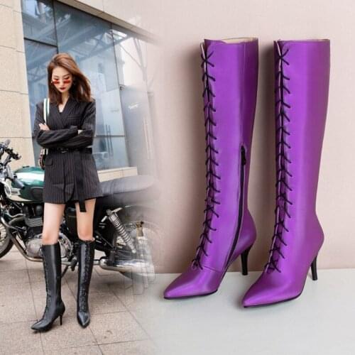 Winter Sweet Women Knee High Boots PU Leather Pointed Toe 8cm High Heels Lace-up Zipper Long Riding Boots Large size 30-48 09-19