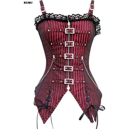 Womens Strap Zipper Steampunk Boned Overbust Corset Gothic Stripe Top Waist Body Shaper Black/Red woman waist slimming corset