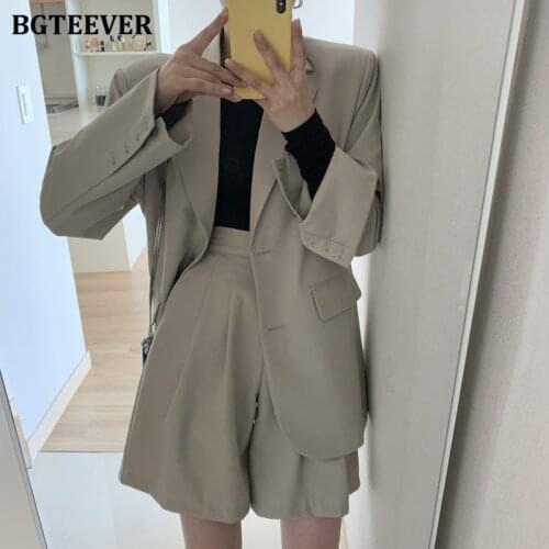 BGTEEVER Elegant Spring Ladies Shorts Suits 2021 Casual Single-breasted Long Sleeve Blazer & Loose Shorts Women 2 Pieces Set