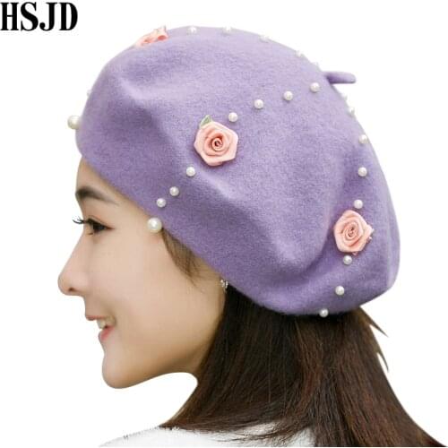 2017 New Launch small rose pearl decor wool beret painter cap Cake cap winter warm Cashmere 80% wool Beret Female Bonia Gorras