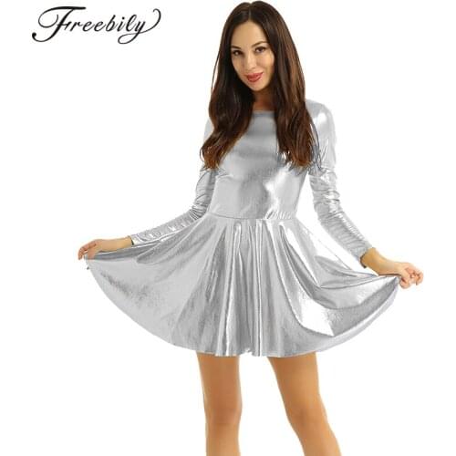 Womens Ladies Pole Dancing Dress Shiny Metallic Metallic Scoop Neck Long Sleeves A-line Night Party Clubwear Dance Costumes