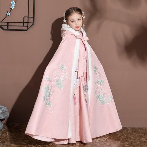 Hanfu Cape Girls Winter Embroidery Long Cloak Chinese Children Ancient Style Mantle Kids New Years Wear Keep Warm Christmas
