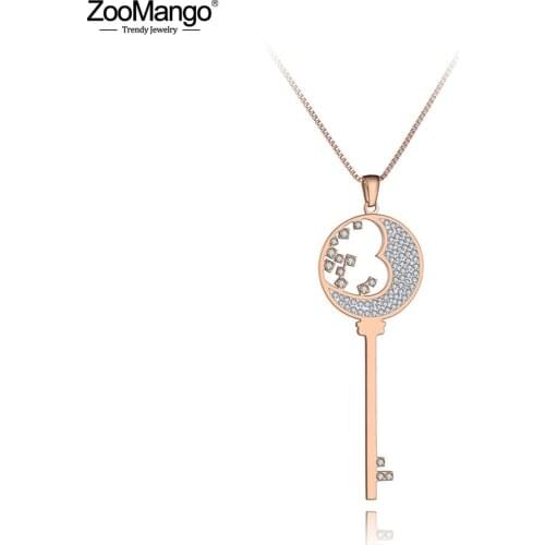 ZooMango Original Design Stainless Steel Love Heart Key CZ Crystal Pendant Necklace For Women Sweater Chian 28" Necklace ZN19170