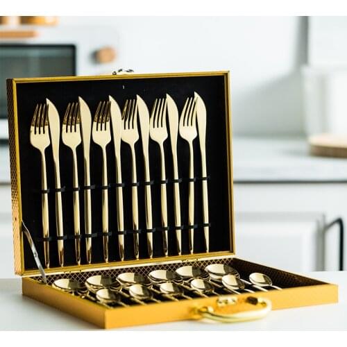 24pcs Gold Dinnerware Set Stainless Steel Tableware Set Knife Fork Spoon Luxury Cutlery Set Gift Box Flatware Dishwasher Safe