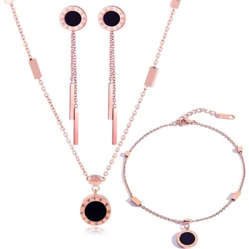 316L Stainless Steel Rose Gold Tassel Long Titanium Steel Earrings Necklace Bracelet Set Roman Numerals Jewelry Set Gift Box