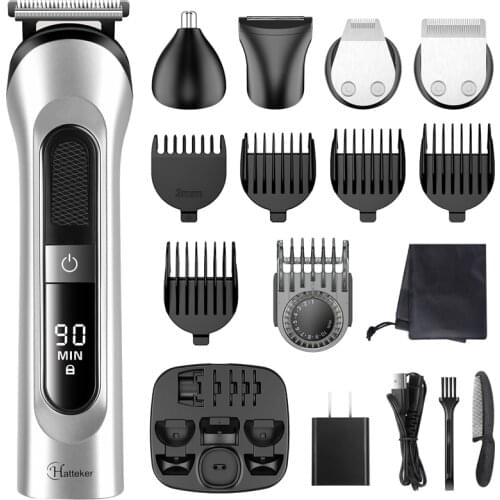HATTEKER 5 in 1 Hair Trimmer Cordless Hair Clipper Rechargeable Mens Body Shaver LCD Screen Grooming kit tondeuse