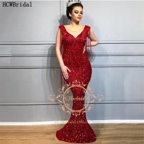 Sparkly Red Dubai Mermaid Evening Dress Luxury Tassel Sequin Floor Length Formal Dresses Plus Size Women Wedding party Prom Gown
