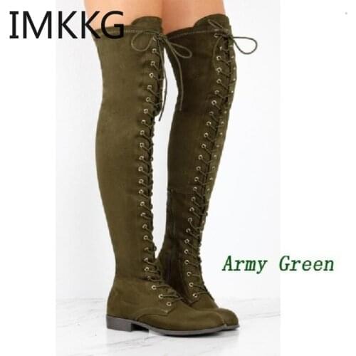 Sexy Lace Up Over Knee Boots Women rome style Boots Women low heels Shoes Woman long Boots Winter Thigh High Boots size 35-43