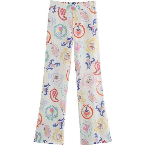 TRAF Za 2021 High Waist Pants For Women White Print Flare Pants Woman Fashion Streetwear Bottom Pants Womens Summer Trousers