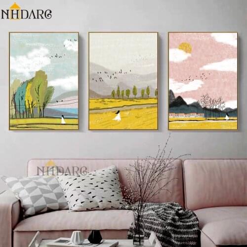 Colorful Scenery Girl Giclee Print Poster Pink Yellow Landscape Canvas Painting Wall Pictures Art Home Decor for Living Room