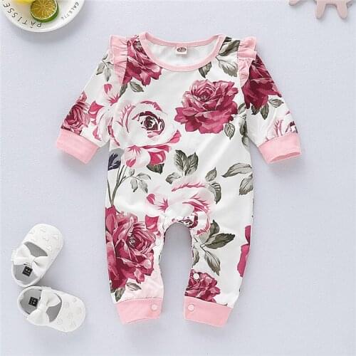 Floral Rose Printed Baby Girl Romper Long Sleeve Round Neck Newborn Girl Jumpsuit Pink Baby Romper D30