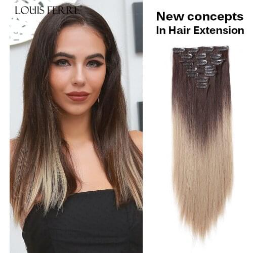 20inch Long Straight Clip In Hair Extensions 7Pcs/Set Synthetic Hairpiece with Clips Ombre Brown High Temperature Fiber Hair