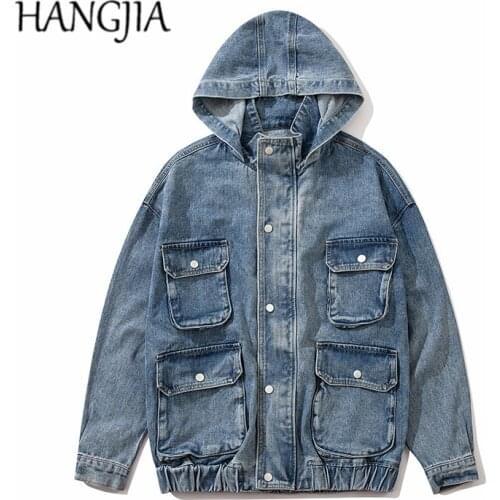 Vintage Men Hooded Cargo Denim Jacket Streetwear Multi-pockets Jeans Jackets for Men Women Fashionable Jackets Coats Outwear