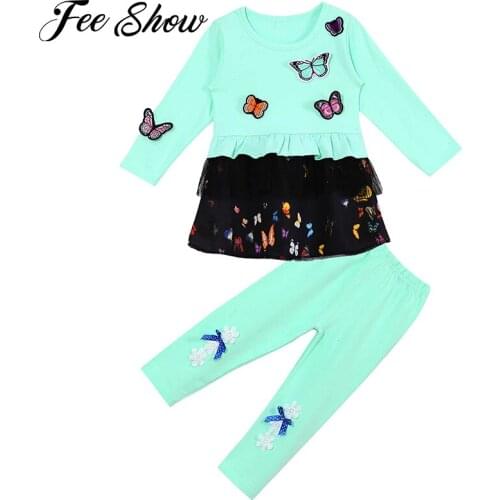 FEESHOW Spring Autumn Toddler Girls Sport Suit Butterfly Printed T-Shirts+Pants 2Pcs Set Casual Children Clothes 1 2 3 4 Years