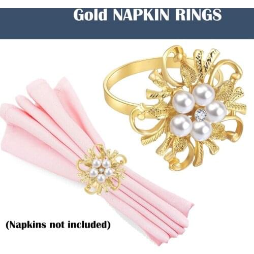 Hot Pearl Flower Rhinestone Napkin Rings Gold Napkin Serviette Buckle Holder for Wedding Party Dinner Table Decor 12 PCS