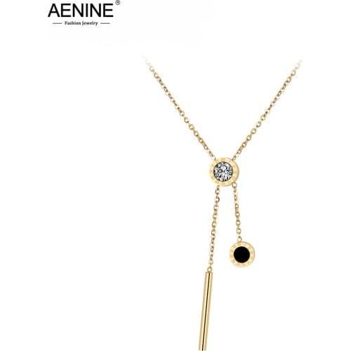 AENINE Classic CZ Crystal Stainless Steel Jewelry Black Shell Roman Alphabet Pendant Neckalces Bridal Wedding Jewelry AN18027