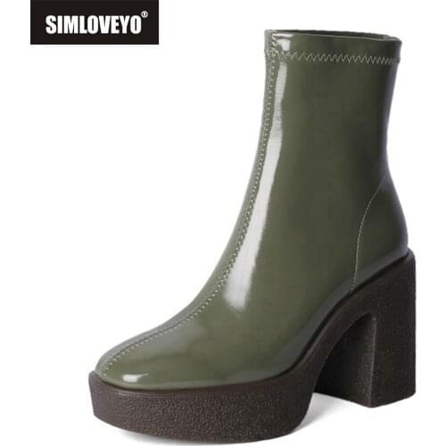 SIMLOVEYO Short Ankle Boots Women Patent Leather Pull On Strenchy Platform Block Thick High Heel Ladies Round Toe Office S2375