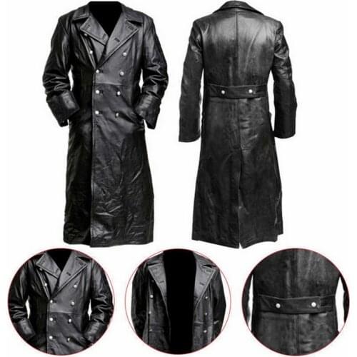 Button Closure PU Leather Jacket Top Quality Long Trench Winter Mens Vintage Business Outerwear Premium Officer Black Coat