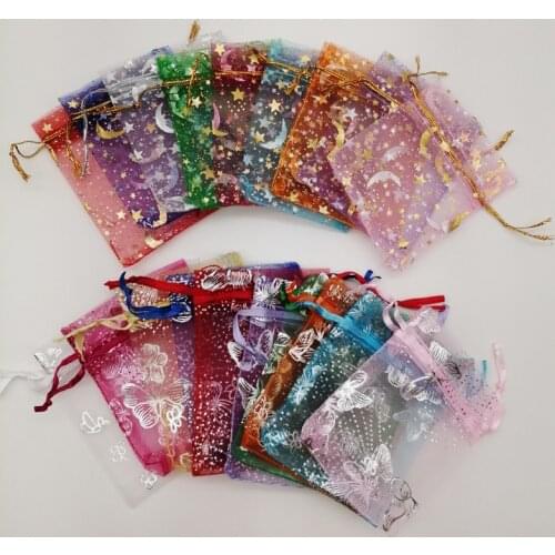 100Pcs 7x9 9x12 Butterfly Star Moon Organza Gift Bags Drawstring Gift Bag for Jewelry Packing Bag Storage Display Pouch Wedding