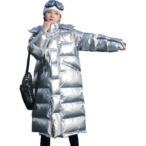 Fashion Bright Silver Hooded Parka Long Coats Winter Jacket Women Padded Coat Female Warm Parkas Loose Outerwear Plus Size 010