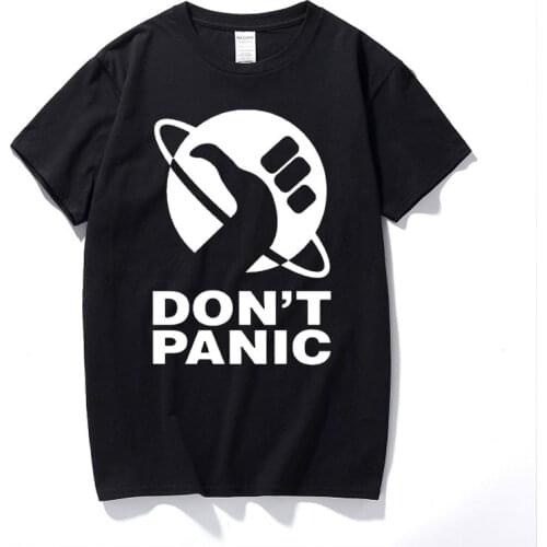 The Hitchhikers Guide To The Galaxy Logo Men T Shirt Don't Panic Print Men Cotton Basic T-Shirt Printing Crew Collar Plus Size