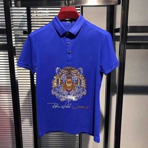 Mens Famous Designer Polo Casual Shirt Tiger Head Hot Rhinestone High-End Short Sleeved Anti-Pilling Male Clothing