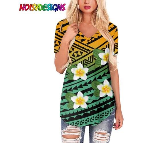 NOISYDESIGNS Vintage Woman Tshirts Women Short Sleeve Polynesian Tribal Hibiscus Plumeria Printed Tops T-Shirt Mujer Camisetas