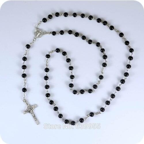 NEW Black Glass Rosary Beads Saint Benedict Medal INRI JESUS Cross Pendant Necklace Catholic Orthodox Fashion Religious jewelry