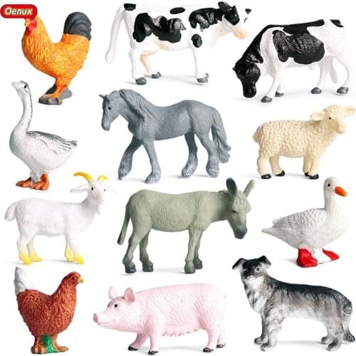 Oenux 12pcs/set Mini Farm Animal Model Cow Sheep Pig Dog Horse Action Figures Figurines PVC Lovely Miniature Education Toys Gift
