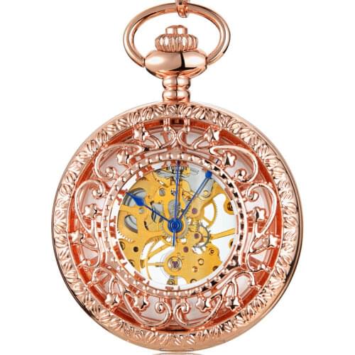 Hollow Mechanical Pocket Watch Steampunk Pendent Chains Gold Skeleton Hand-winding Fob Watch Men Women Xmas gifts