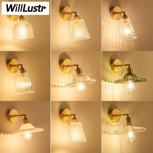 Nordic wall lamp luxury brass base clear pressed glass shade dinning room hotel restaurant light vintage crystal wall sconce