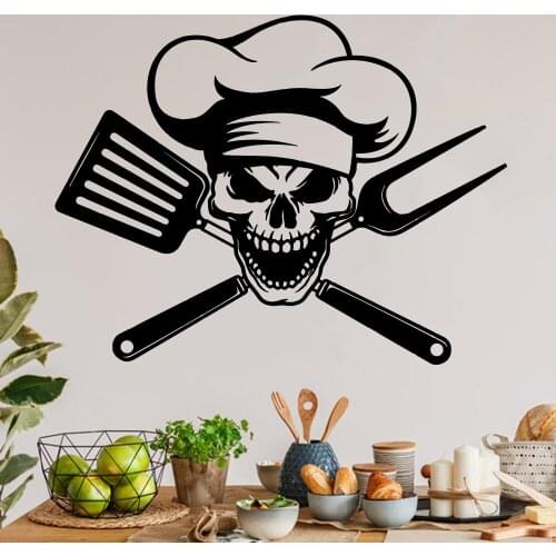 Modern Skull Chef Cook Fork Wall Decal Kitchen Resturant Grill Master Wall Sticker Dining Room Vinyl Home Decor
