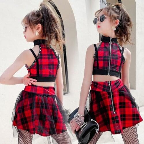 ChildrenS Day Jazz Performance Costume Girls Hip-Hop Dance Clothes Two-Piece Halter Vest Plaid Skirt Set Stage Outfits DQS7731