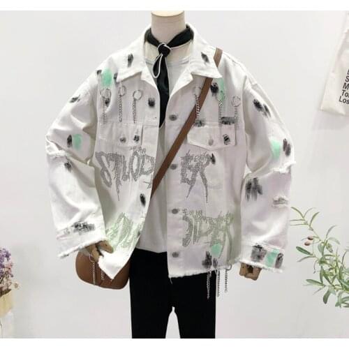 Streetwear Women Denim Jacket Harajuku Hot Rhinestone Letters Single-Breasted Hole Female Spring Jeans Coats Chaquetas De Mujer